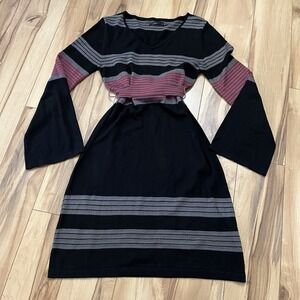PrAna Sydney Sweater Dress Women's Sz S Black & Red Striped Back Tie Bell Sleeve